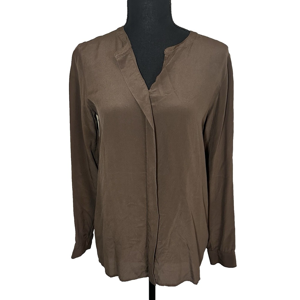 J. Jill XS Chocolate Brown Hi Low Tunic 100% Silk Popover Long Sleeve Blouse Top